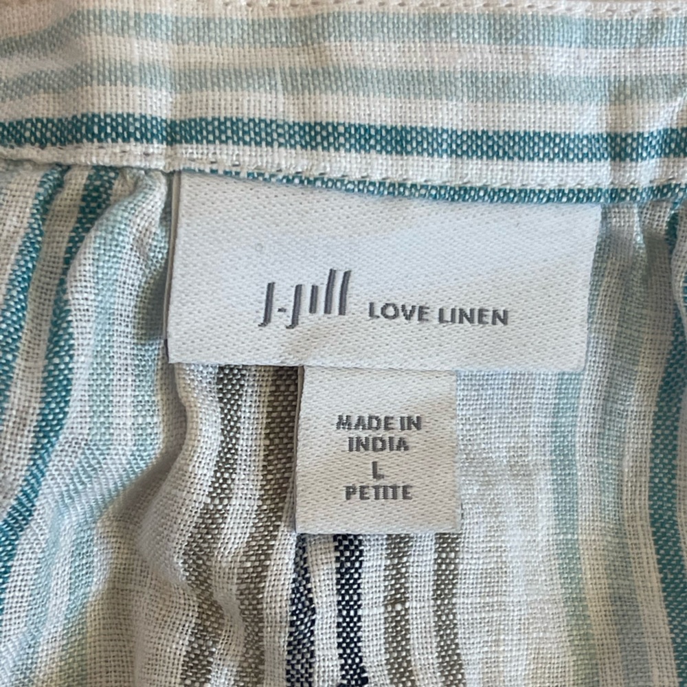 J Jill Love Linen Top L Petit Blue Stripe Embroidery Peasant Blouse Coastal Boho - Picture 4 of 14